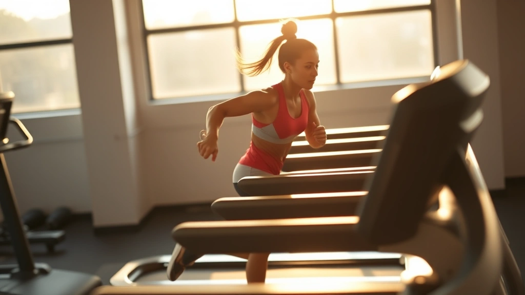 Athletic woman performing high-intensity interval training on treadmill, sprinting with intense focus and sweat visible, professional gym environment, morning sunlight through windows, motivational energy, realistic fitness photography