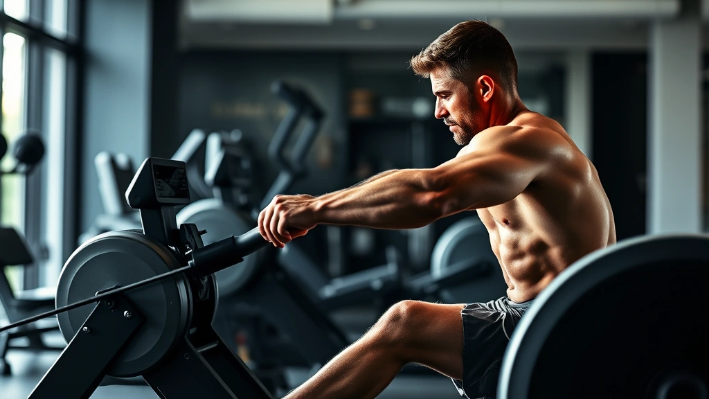 Strong male rower on rowing machine in modern gym, pulling with explosive power and perfect form, muscular definition visible, sweat dripping, intense concentration, professional gym setting with natural light
