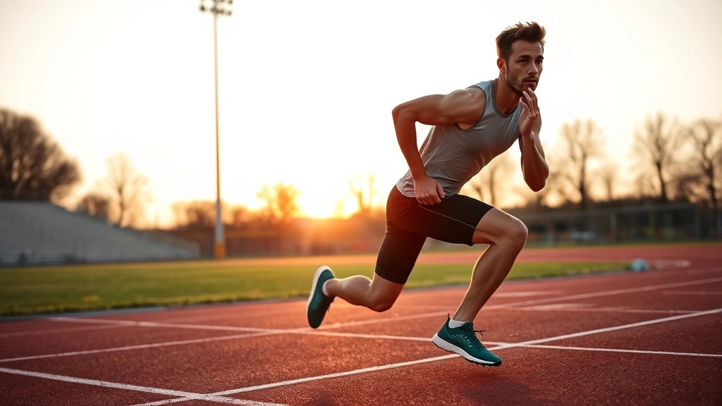 Fit athlete performing intense sprint workout on outdoor track at sunrise, sweat visible, powerful leg drive, determination on face, professional athletic setting