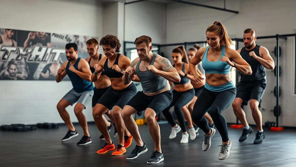 Group of athletes performing HIIT burpee exercises in functional fitness gym, intense effort, diverse group, professional coaching environment, athletic determination visible