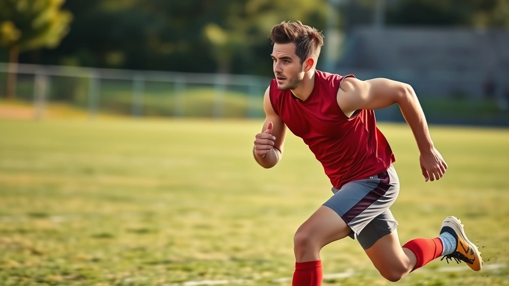 Athletic male football player sprinting at full speed on grass field during daylight, muscles engaged, showing explosive power and acceleration, determined expression, professional athletic form
