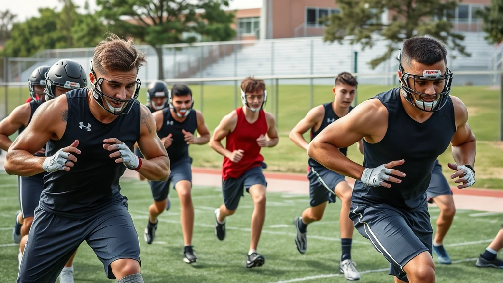 Team of college football players performing high-intensity interval training circuit workout outdoors, executing various exercises with intensity, sweat visible, determination on faces, dynamic athletic movement