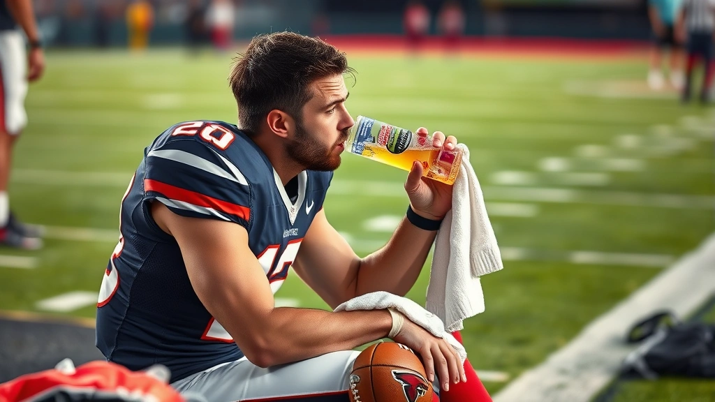 Football player in recovery mode sitting on sideline drinking water and electrolyte beverage, holding towel, showing post-game exhaustion and hydration focus, realistic sports setting