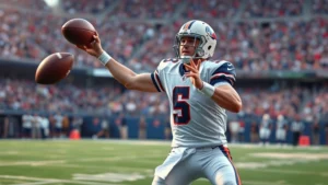 Professional football quarterback throwing deep pass mid-game, athletic form, stadium background, motion blur, photorealistic HD