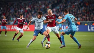 Professional football players in intense physical competition during live match, showing athletic movement and tactical positioning on grass field