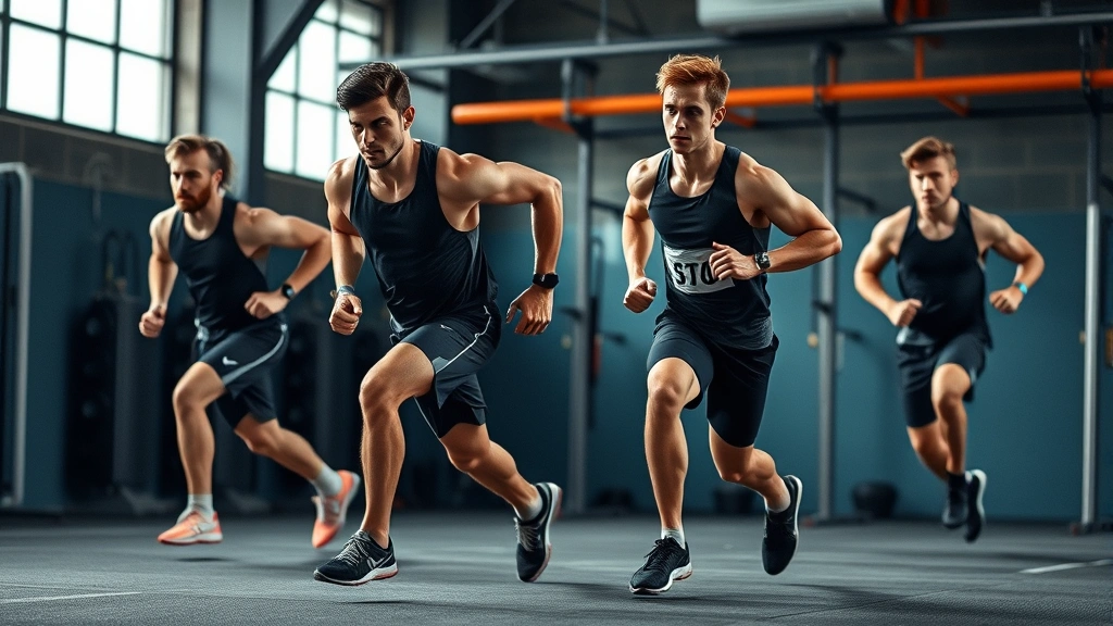 Elite athletes demonstrating peak cardiovascular fitness during high-intensity interval training with proper form and athletic movement