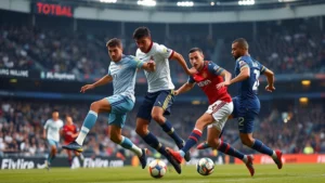 Professional soccer players in intense physical competition during international match, dynamic action shot with ball in play, stadium atmosphere visible in background