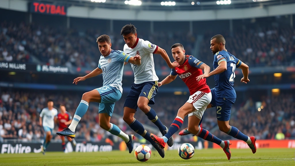 Professional soccer players in intense physical competition during international match, dynamic action shot with ball in play, stadium atmosphere visible in background