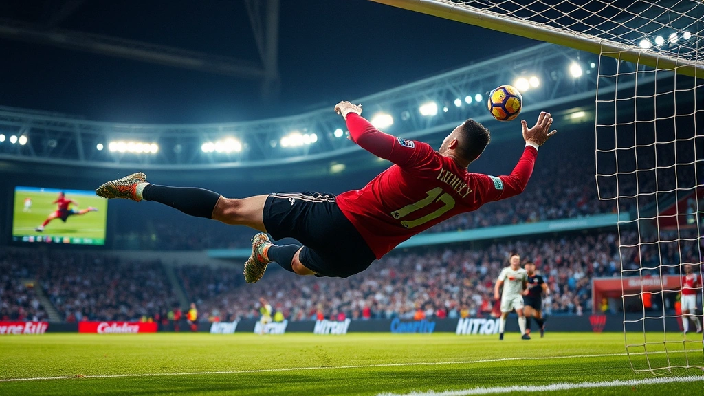 Goalkeeper making spectacular diving save during high-pressure international football match, athletic positioning and concentration evident