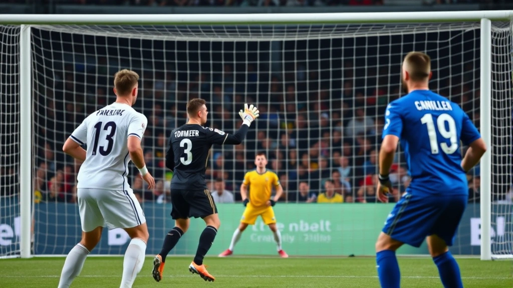 International football goalkeeper organizing defensive line during set piece scenario, communicating with defenders, showing leadership and tactical positioning intelligence during professional match
