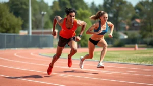 Athletic male and female sprinting explosively on outdoor track with intense focus and maximum effort, muscles engaged, dynamic motion blur