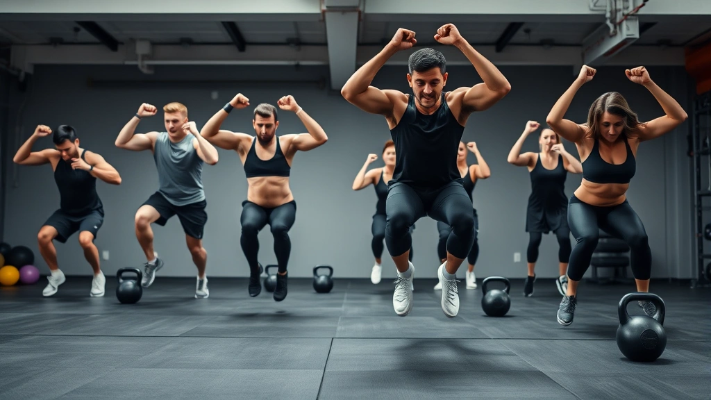 Diverse group performing burpees and jump squats in gym with kettlebells and medicine balls visible, demonstrating high-intensity explosive movements with proper form