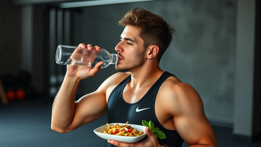 Athlete recovering post-workout drinking water and eating protein-rich meal, showing nutrition timing and hydration strategy after intense training session