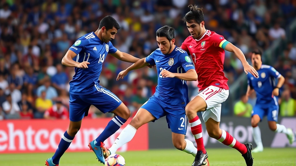 Professional football match action shot showing two South American national teams competing intensely during an international match, players in blue and red uniforms battling for possession with stadium crowd visible in background
