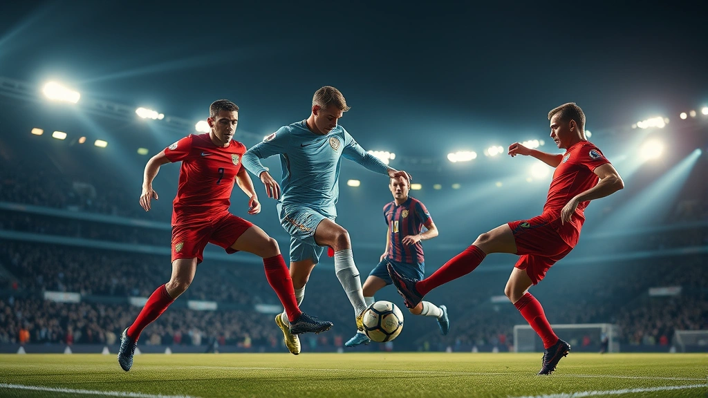 Elite soccer players demonstrating technical skill during high-intensity international football match, showcasing precise ball control and tactical positioning with dramatic stadium lighting