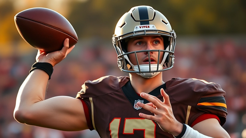 Professional college football quarterback throwing pass during high-intensity practice, crisp autumn lighting, focused facial expression, sweat visible on uniform, detailed hand positioning on football grip