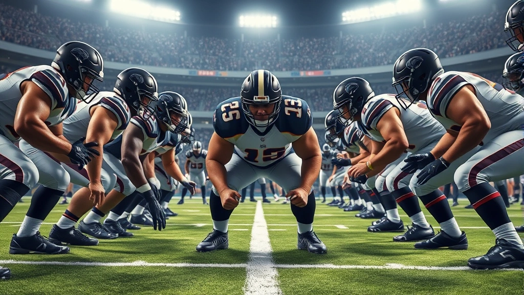 Muscular offensive linemen in three-point stance preparing for snap, intense concentration, stadium lighting, multiple players aligned, realistic uniform details, competitive energy visible