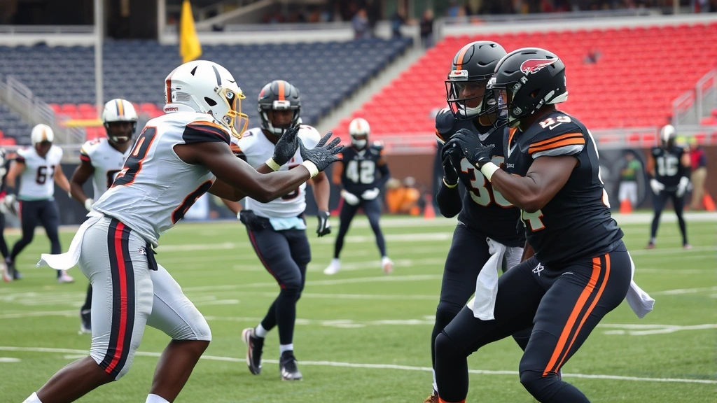 Defensive secondary players executing coverage drills, cornerback and safety communicating, athletic positioning, stadium environment, realistic football pads and uniforms, dynamic movement captured