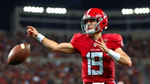Elite college football quarterback in red uniform mid-throw during night game with stadium lights, intense focus, professional athletic form, dynamic action shot