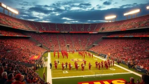 Professional football stadium packed with fans during evening game, USC Trojans marching band in cardinal and gold uniforms performing on field, dramatic lighting, photorealistic, no text overlays
