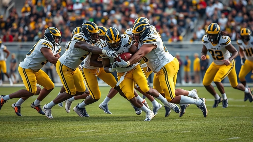 Michigan Wolverines defense executing coordinated tackle on opposing running back, multiple defenders converging, intense action moment, grass field detail, photorealistic sports photography, no jersey numbers visible as text