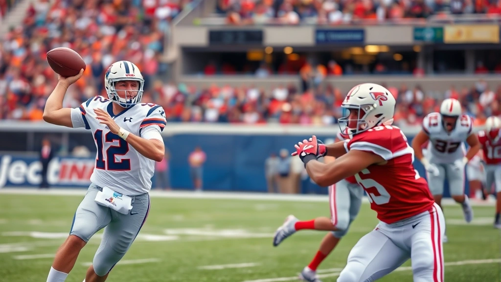 College football quarterback mid-throw during competitive game, receivers running routes, stadium background blurred, dynamic athletic motion, professional sports photography style, photorealistic, no scoreboard or text visible