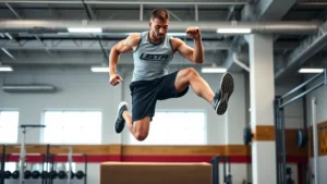 Athletic male college football player performing explosive single-leg box jump in professional gym, maximum height, muscular definition visible, focused expression, bright modern facility background