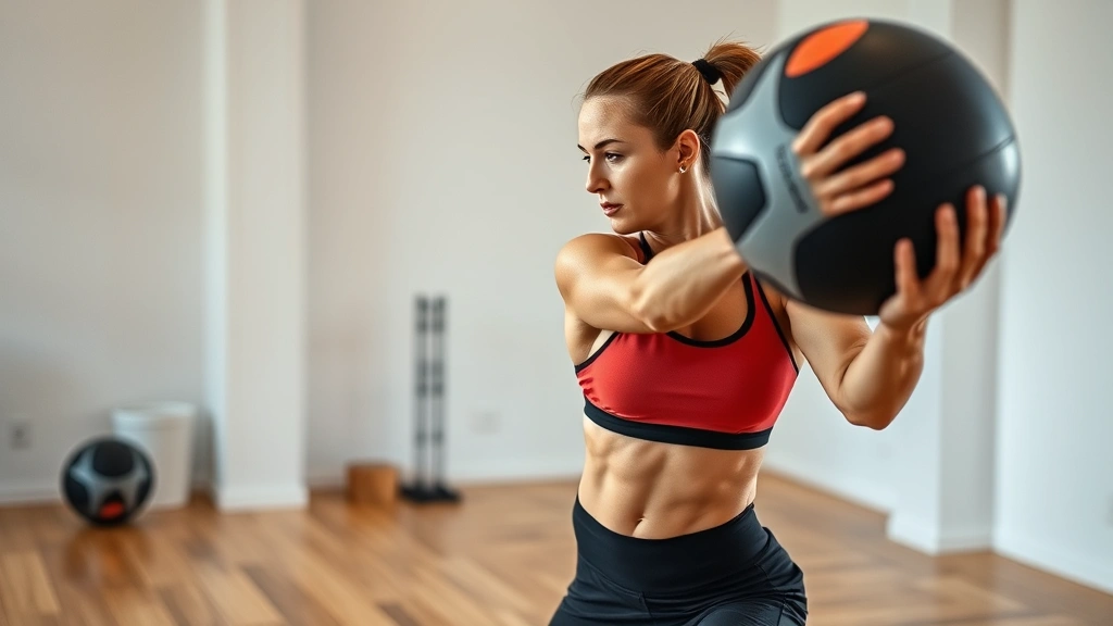 Female athlete executing medicine ball rotational throw with explosive power, core engaged, dynamic movement captured mid-throw, professional training facility with wooden floor