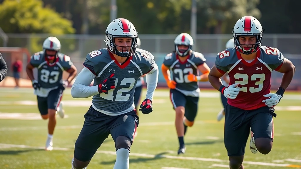 Team of collegiate football athletes performing high-intensity interval training sprints on field, maximum effort displayed, athletic wear, natural outdoor lighting, competitive intensity visible