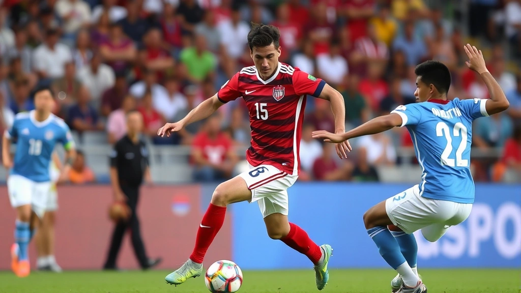 Dynamic soccer match action shot showing USMNT midfielder in possession controlling the ball in midfield, with Guatemalan defender applying pressure, stadium atmosphere visible in background, professional sports photography style