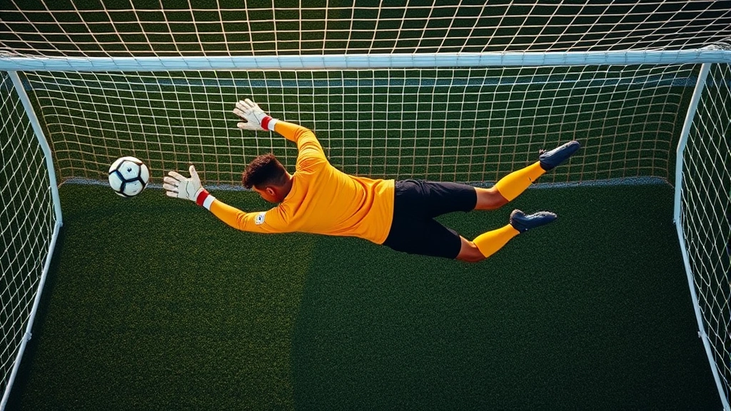 Aerial view of goalkeeper making spectacular diving save to block shot on goal, goalkeeper fully extended horizontally, soccer net visible, dramatic athletic moment capturing goalkeeper excellence and shot-stopping
