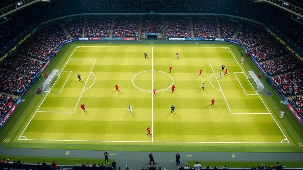 Wide soccer field tactical positioning showing two teams in formation during match play, players distributed across pitch demonstrating possession control and defensive shape, professional stadium lighting and crowd visible