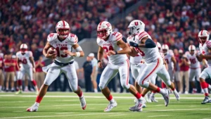 Professional football players in Utah Utes uniform executing offensive play with precise footwork and explosive movement, action photography, stadium lighting, focused intensity