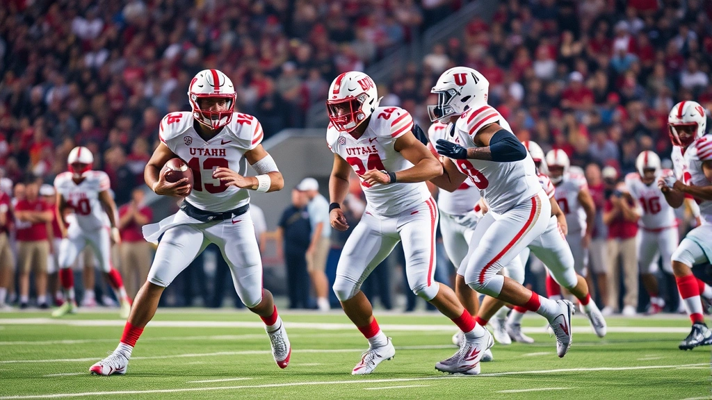 Professional football players in Utah Utes uniform executing offensive play with precise footwork and explosive movement, action photography, stadium lighting, focused intensity