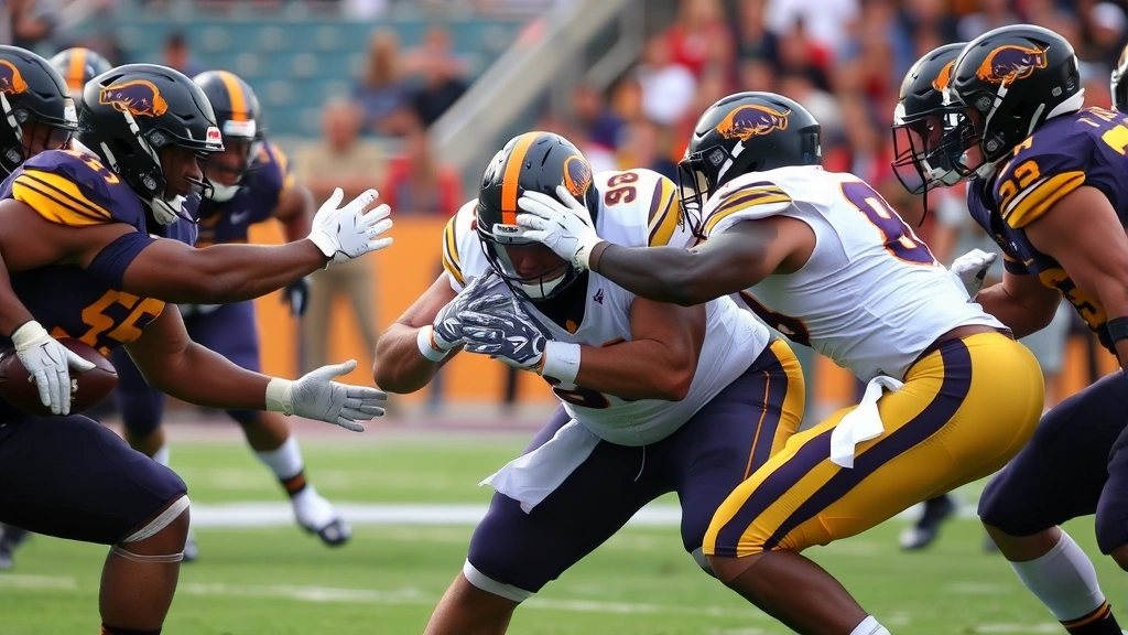 Colorado Buffaloes defensive linemen applying pressure with proper hand technique and leverage positioning, athletic intensity captured mid-play, game action photography