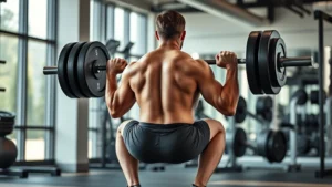 Athletic male performing deep barbell back squat with perfect form in modern gym, strong leg muscles engaged, focused expression, morning natural lighting, professional photography style