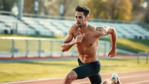 Athletic male runner sprinting at maximum intensity on outdoor track, muscular physique showing explosive power and determination, dynamic motion blur, morning sunlight, professional sports photography