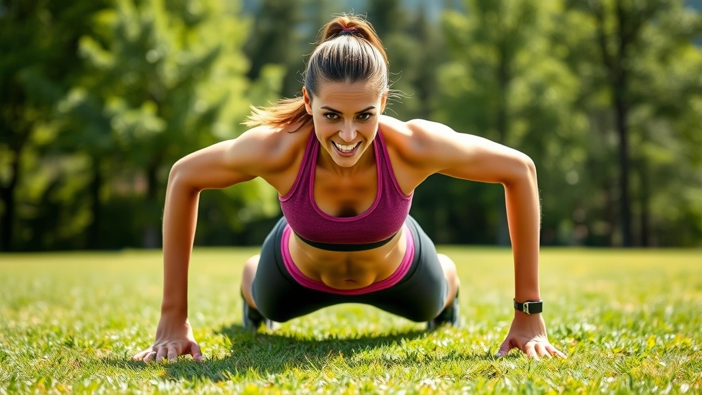 Female athlete performing burpees outdoors on grass field, full-body engagement showing strength and cardio effort, determined expression, natural daylight, athletic wear, action shot