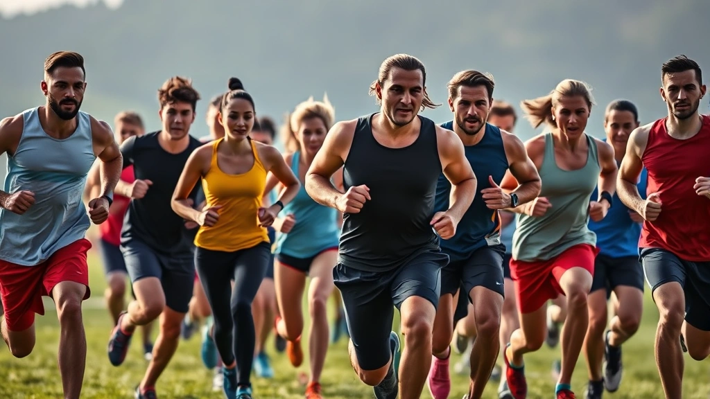 Group of diverse athletes performing high-intensity interval training together outdoors, sprinting across grass field, sweat and effort visible, motivational energy, morning training session, dynamic composition