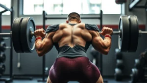 College football lineman performing heavy barbell back squat in modern weight room with determination, explosive power moment, muscular athlete with perfect form