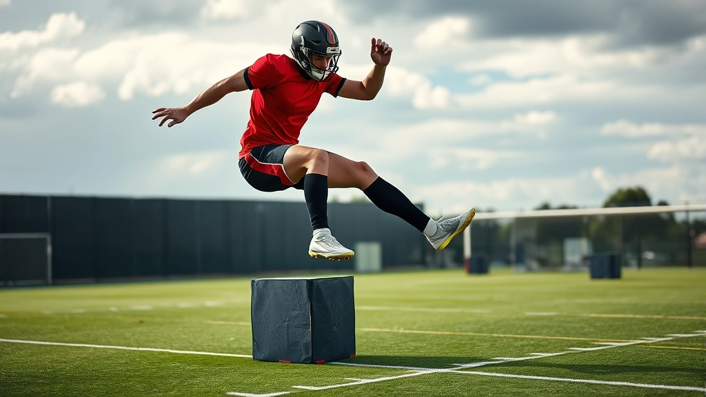 Football player performing explosive box jump plyometric drill, dynamic power training, athlete mid-jump with athletic intensity and control visible