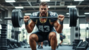 Athletic male football player performing explosive barbell squat in modern gym facility with intense focus, wearing team athletic apparel, surrounded by weight plates and equipment