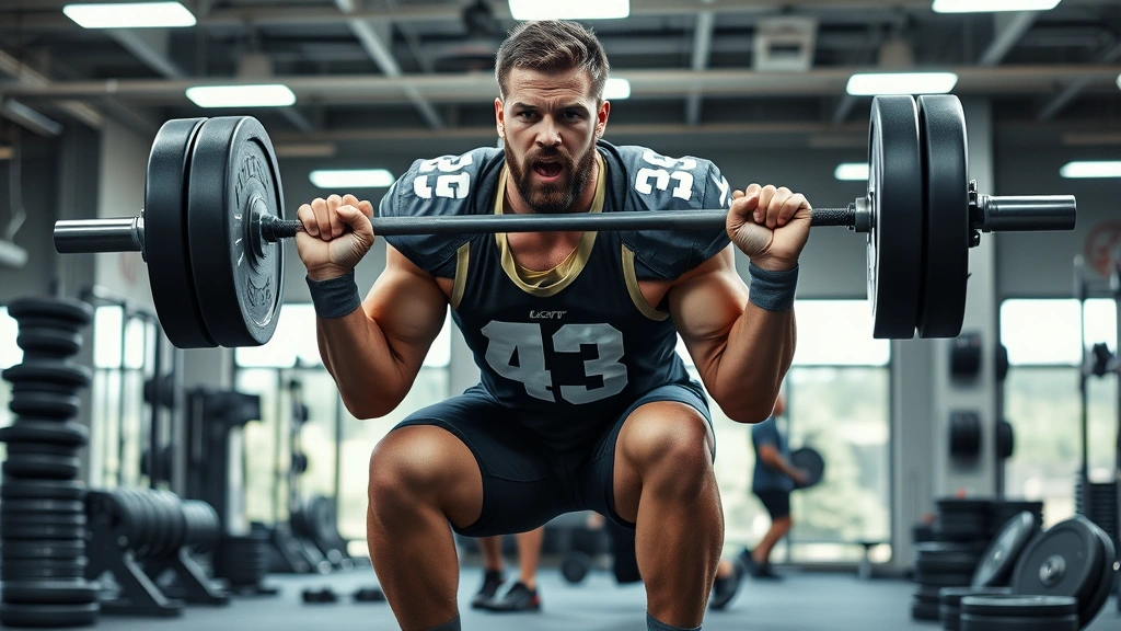 Athletic male football player performing explosive barbell squat in modern gym facility with intense focus, wearing team athletic apparel, surrounded by weight plates and equipment