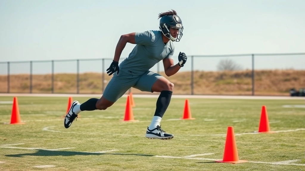 Professional football athlete executing high-speed sprint drill on outdoor grass field with cones, demonstrating explosive acceleration and powerful leg drive in dynamic motion
