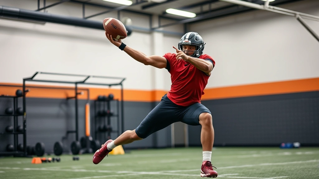 Collegiate football player performing advanced plyometric training with medicine ball rotational throw exercise, showcasing core strength and explosive power development in athletic facility