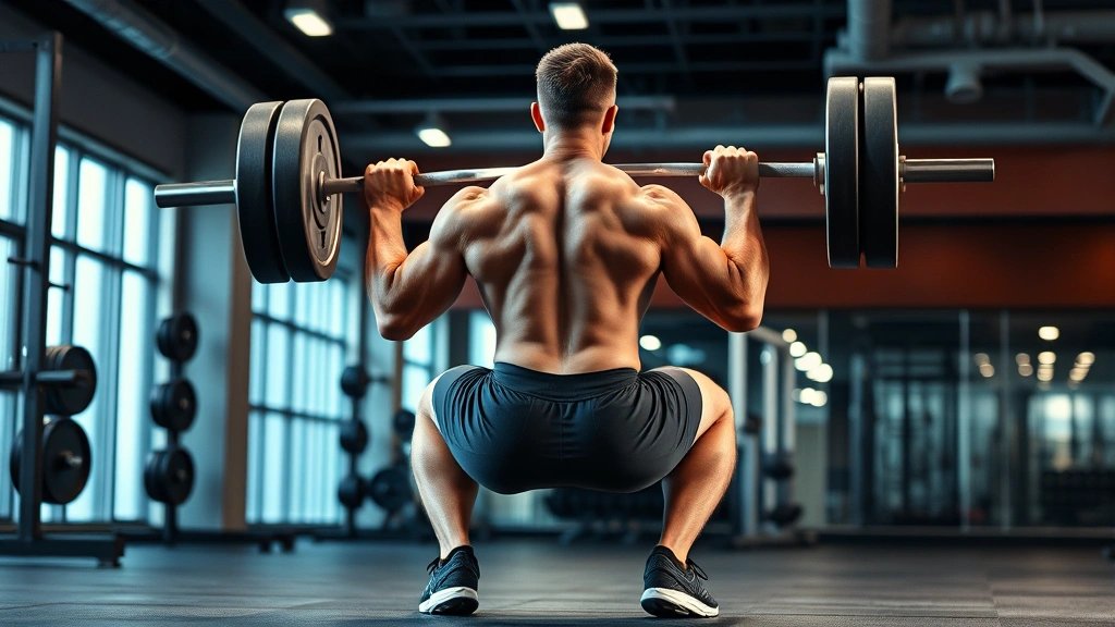 Athletic male performing heavy barbell back squat in modern gym with perfect form, deep squat position, professional lighting, muscular legs engaged