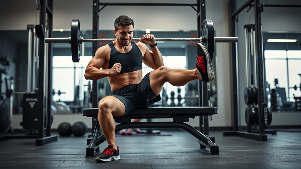 Athlete performing explosive Bulgarian split squat with rear foot elevated on bench, powerful quad activation, professional gym environment, dynamic movement
