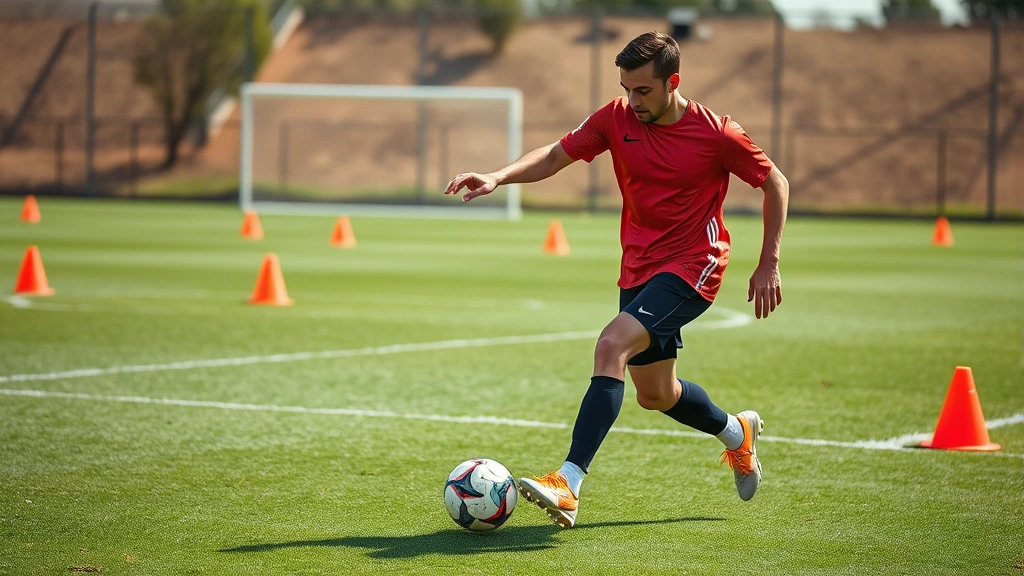Athletic male soccer player performing explosive lateral agility drill on grass field with cones, dynamic movement captured mid-action, natural daylight, intense focused expression, professional football training environment