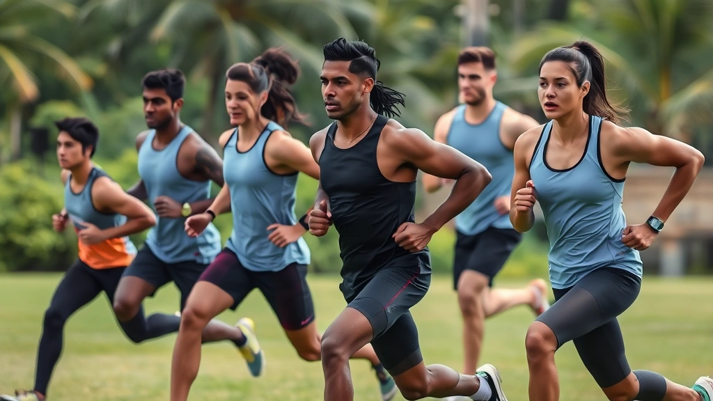 Fit athletes executing high-intensity interval training outdoors, group performing sprint work on open field, dynamic movement captured mid-stride, tropical vegetation background, professional conditioning session with visible effort and intensity