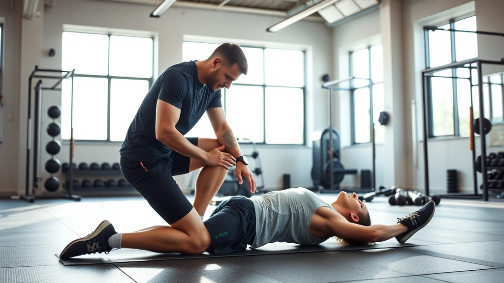 Recovery and mobility session with athlete performing deep stretching in modern training facility, bright natural lighting through windows, focused concentration on movement quality, professional coaching environment with training equipment visible